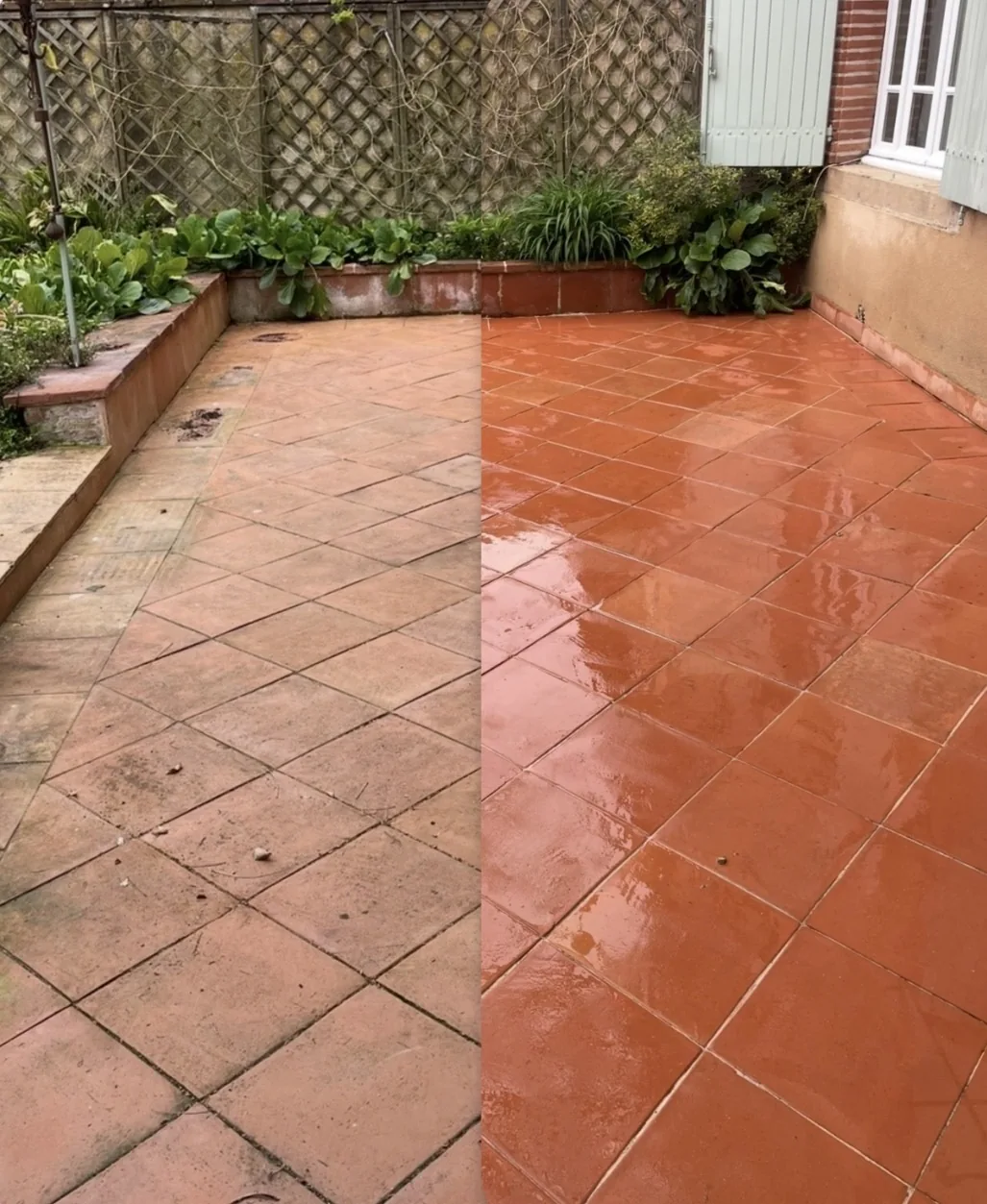 Avant/après nettoyage de terrasse carrelée